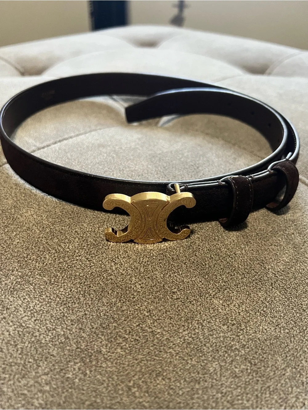Celine Dark Brown Leather Belt with Gold Triomphe Buckle
